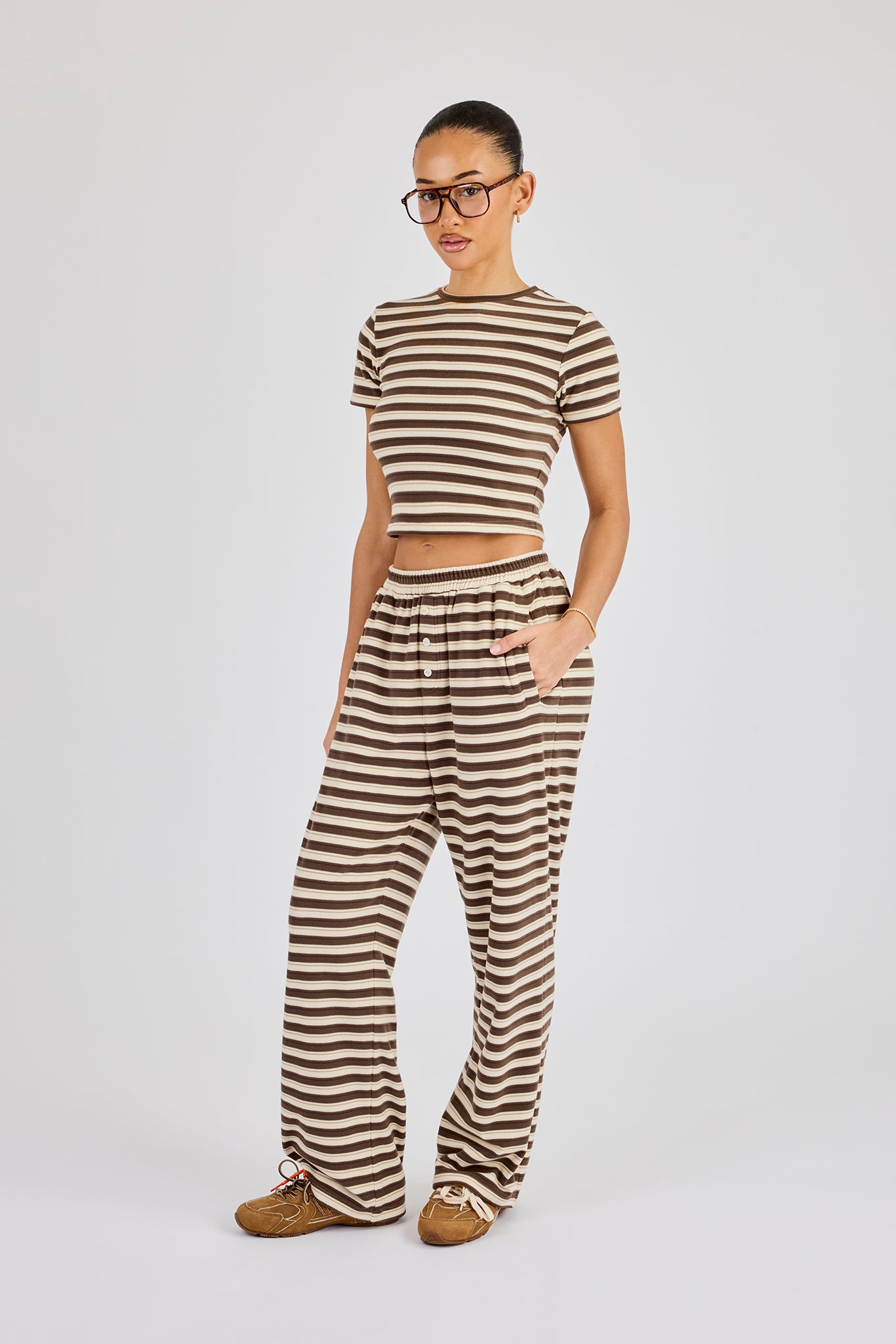 Stripe Soft Touch Button Detail Wide Leg Jogger - Beige
